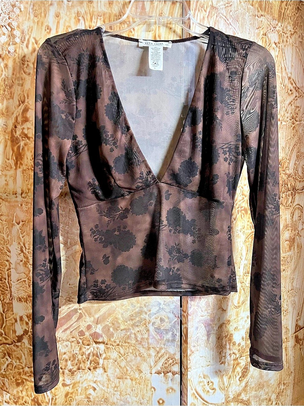 12TH TRIBE Floral Long Sleeve Mesh Top in Brown & Black Large Like New